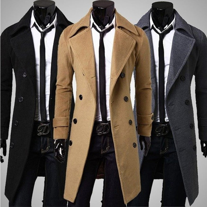 Double-Breasted Men's Woolen Trench Coat with Lapel Collar