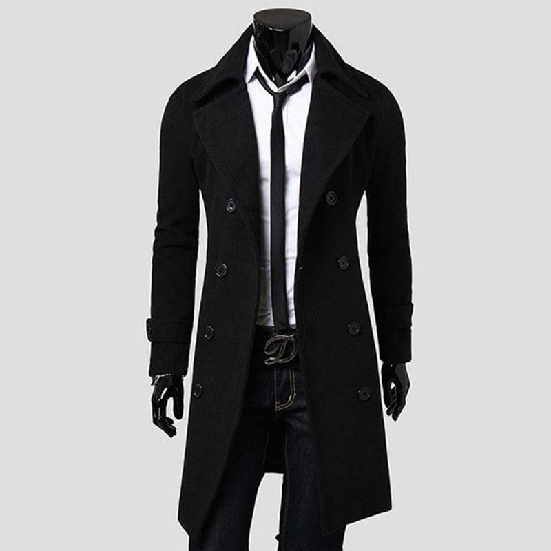 Double-Breasted Men's Woolen Trench Coat with Lapel Collar