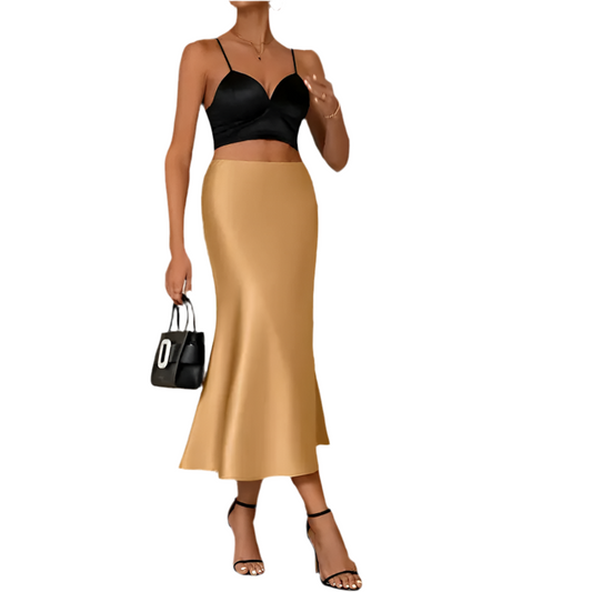 Vannity Elegant Satin A-Line Mid-Calf Skirt – Casual Elegance for All Seasons