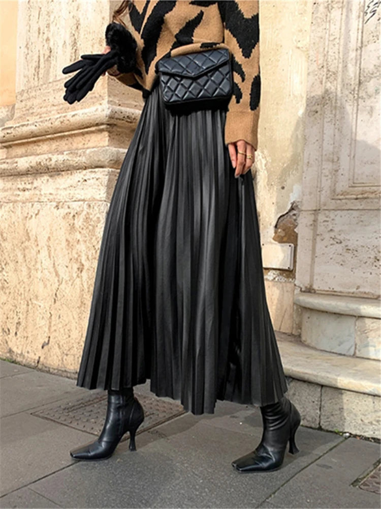 Black PU-leather Pleated High Waist A-Line mi-long Skirt