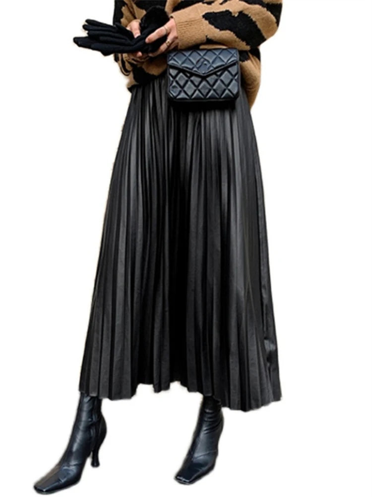 Black PU-leather Pleated High Waist A-Line mi-long Skirt