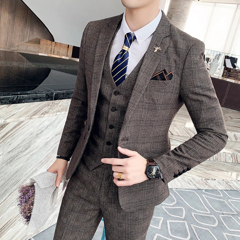 Vannity High-Quality Plaid Men’s Three-Piece Suit