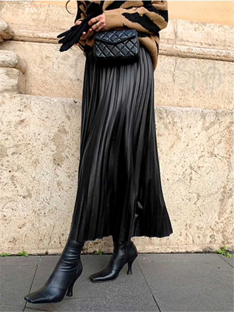 Black PU-leather Pleated High Waist A-Line mi-long Skirt