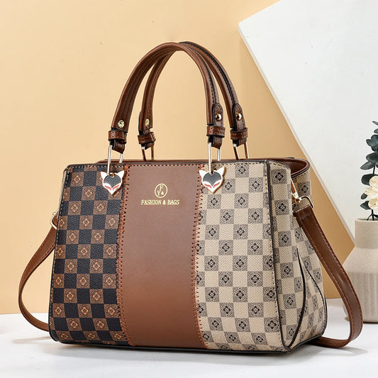 Colorblock Checkered Tote Handbag – Trendy PU Crossbody Bag with Top Handle for Women