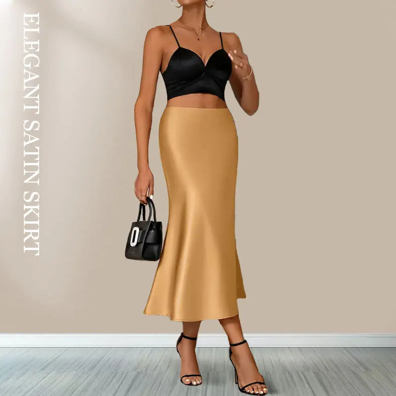 Vannity Elegant Satin A-Line Mid-Calf Skirt – Casual Elegance for All Seasons