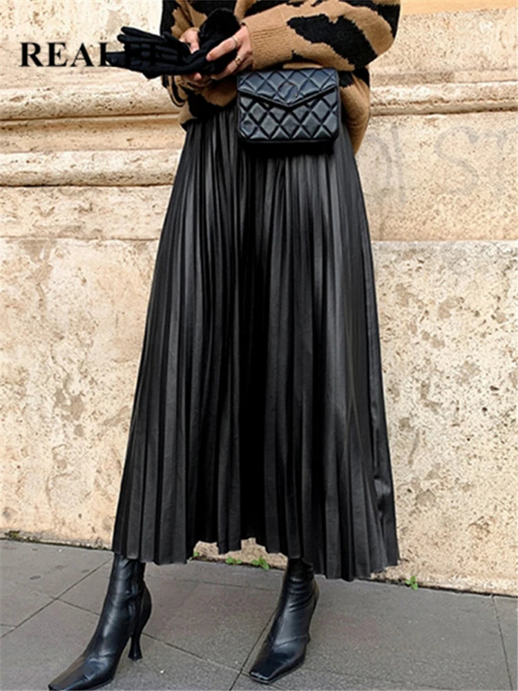 Black PU-leather Pleated High Waist A-Line mi-long Skirt