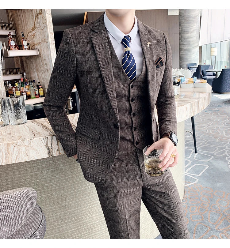 Vannity High-Quality Plaid Men’s Three-Piece Suit