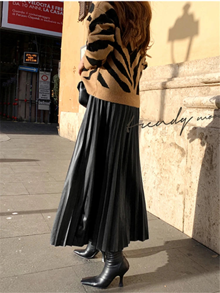 Black PU-leather Pleated High Waist A-Line mi-long Skirt